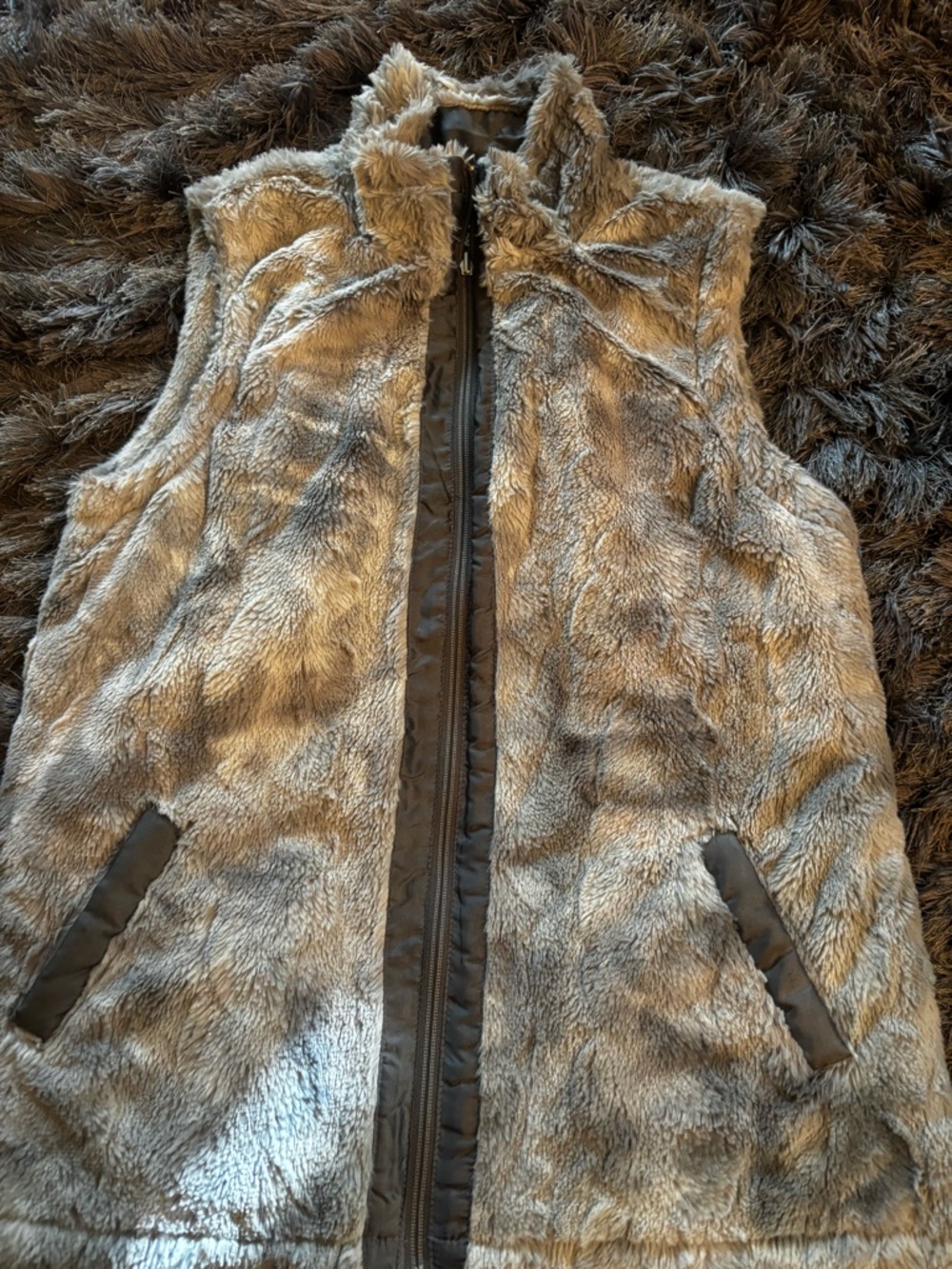 Plush Faux-Fur Vest in Taupe Reversible